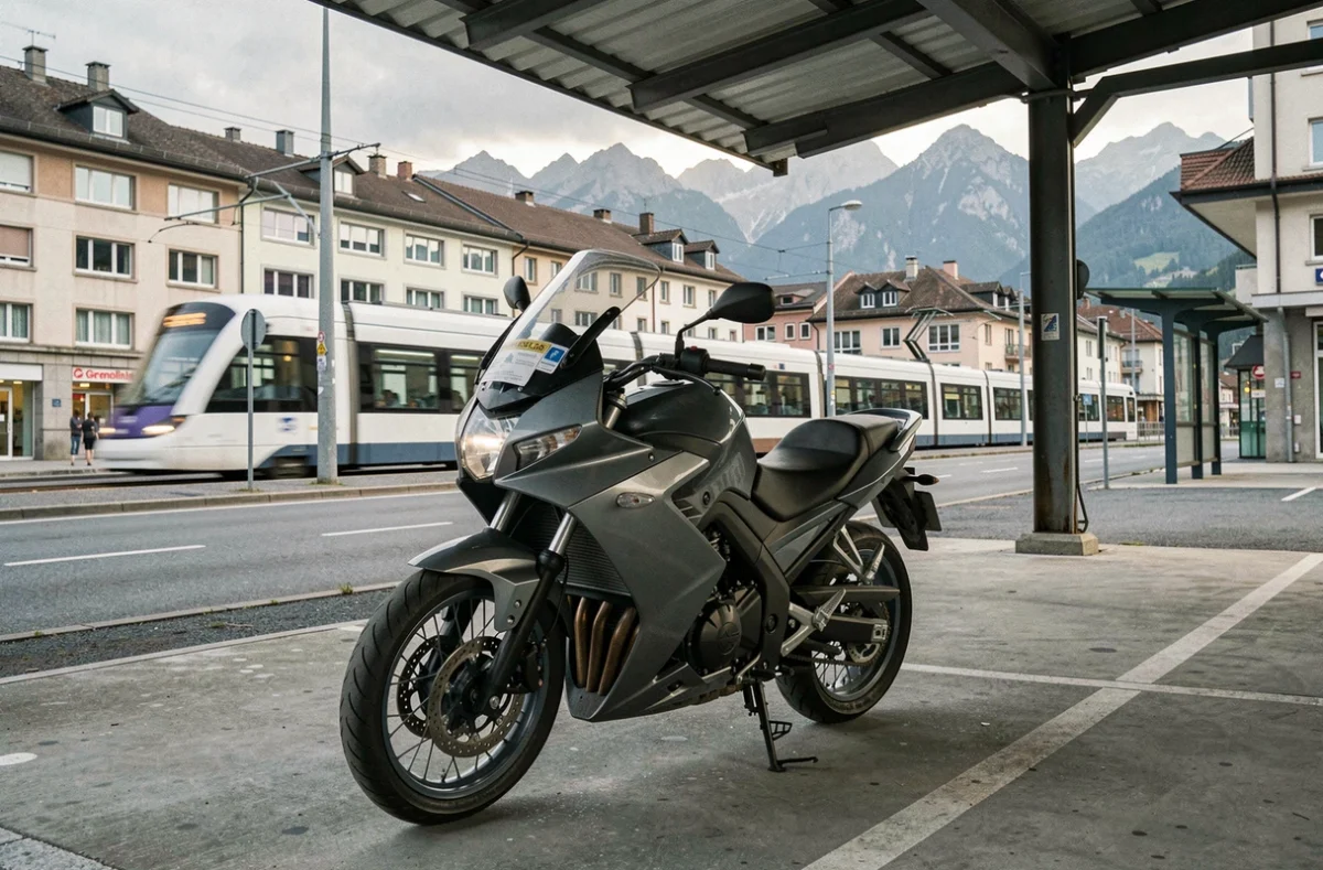 Moto garée dans un parking couvert près d'un arrêt de tram à Grenoble avec un sticker d'assurance visible sur le pare-brise
