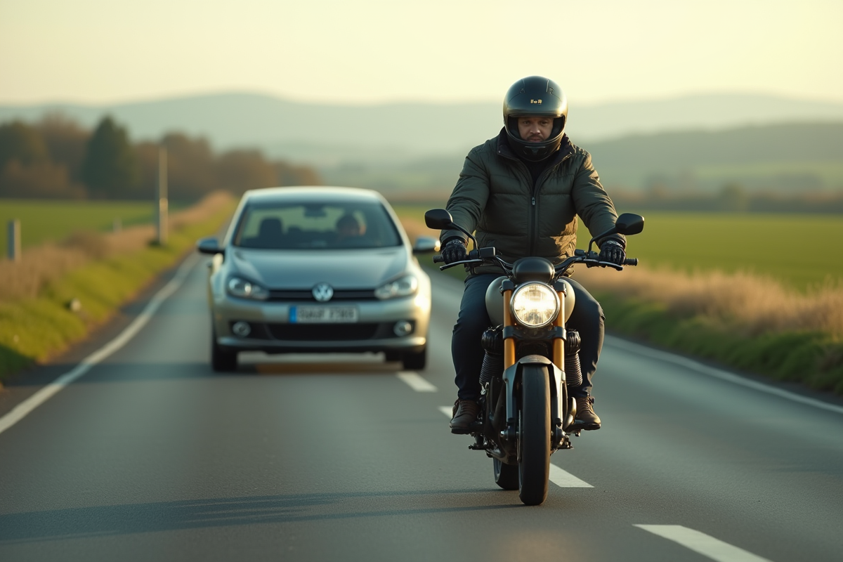 Motocycliste concentré en dépassement sur route rurale