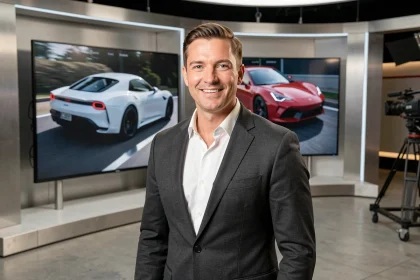 Nouveau présentateur de l'émission automobile Turbo sur M6 dans un studio de télévision moderne en 2026