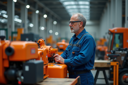 Ouvrier d'usine en bleu examinant une pièce de tondeuse orange