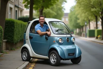 Père confiant dans une microvoiture moderne en quartier résidentiel