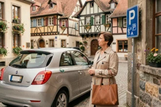 Femme devant un panneau de parking en centre-ville de Colmar avec des bâtiments alsaciens à colombages en arrière-plan