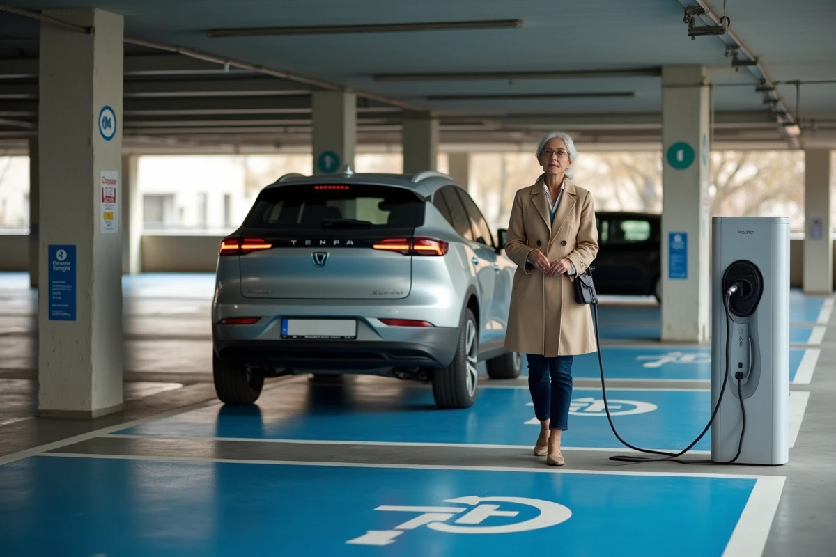 Femme branchant sa voiture électrique sur une borne dans un parking souterrain du centre de Colmar