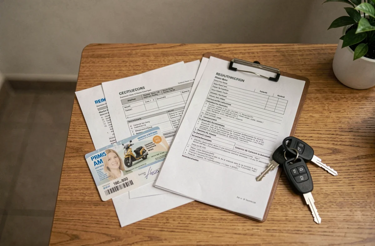Permis AM et clés de quadricycle léger posés sur un bureau avec des documents administratifs d'achat de véhicule