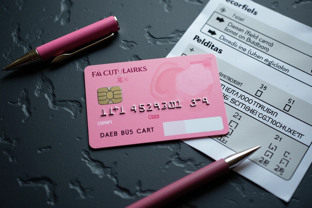 Vue de dessus d'un permis de conduire européen rose format carte posé à plat avec une feuille de décodage des champs numérotés et un stylo