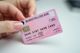 Gros plan sur un permis de conduire européen rose au format carte tenu à la main, montrant les champs de numérotation et les éléments de sécurité holographiques