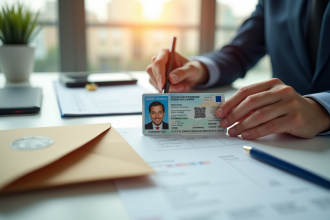 Mains tenant un permis de conduire français neuf sur un bureau lumineux