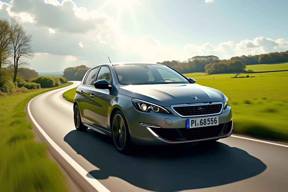 Peugeot 308 GTI en conduite en campagne ensoleillée