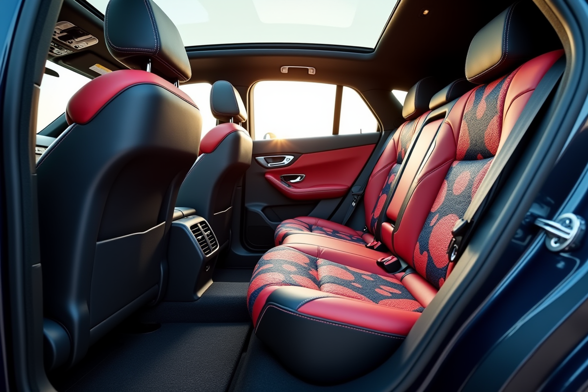 Espace passagers arrière Peugeot 508 PSE avec sièges colorés et panoramique