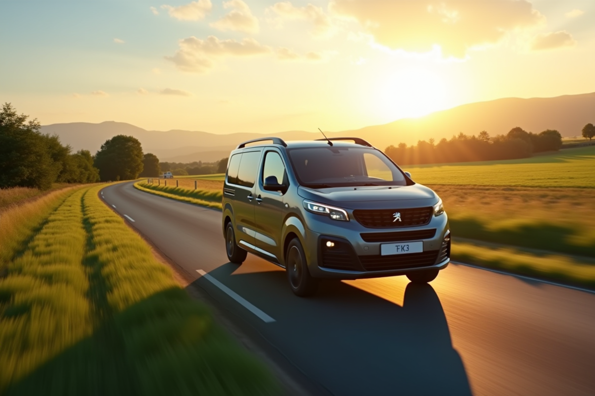Peugeot Rifter 2024 roulant en campagne au coucher du soleil