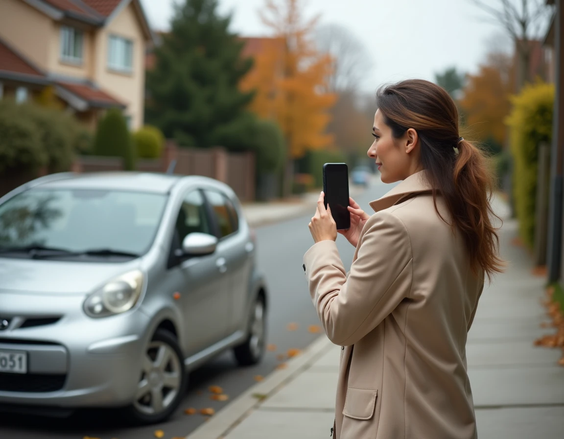 Femme prenant des photos de sa voiture d'occasion pour une annonce Leboncoin payante