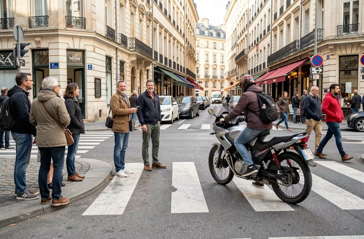Piétons et cycliste près d'une moto à un passage piéton en ville