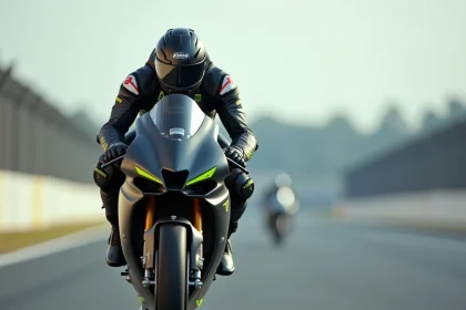 Pilote en combinaison de course sur une moto superbike haute performance en position agressive sur circuit
