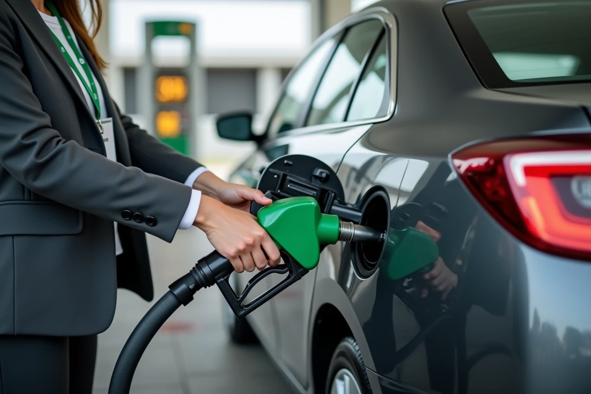 Femme professionnelle faisant le plein de carburant éthanol E85 sur une berline grise de flotte d'entreprise