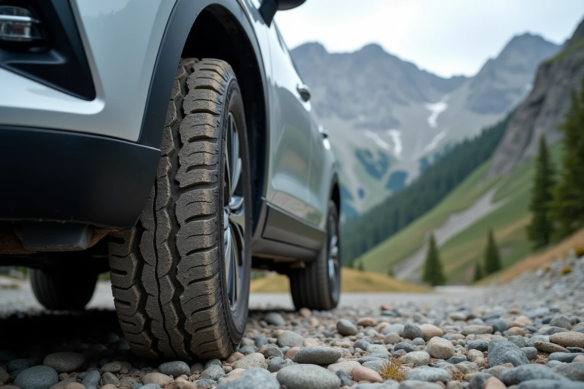 Pneu tout-terrain d'un SUV encrassé de boue sur une route de montagne avec paysage alpin en arrière-plan