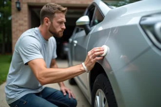Homme appliquant un produit de polissage maison sur une rayure de carrosserie de voiture dans une allée résidentielle