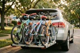Porte-vélo pour 4 vélos sur attelage fixé à l'arrière d'un SUV familial avec vélos correctement attachés et sécurisés