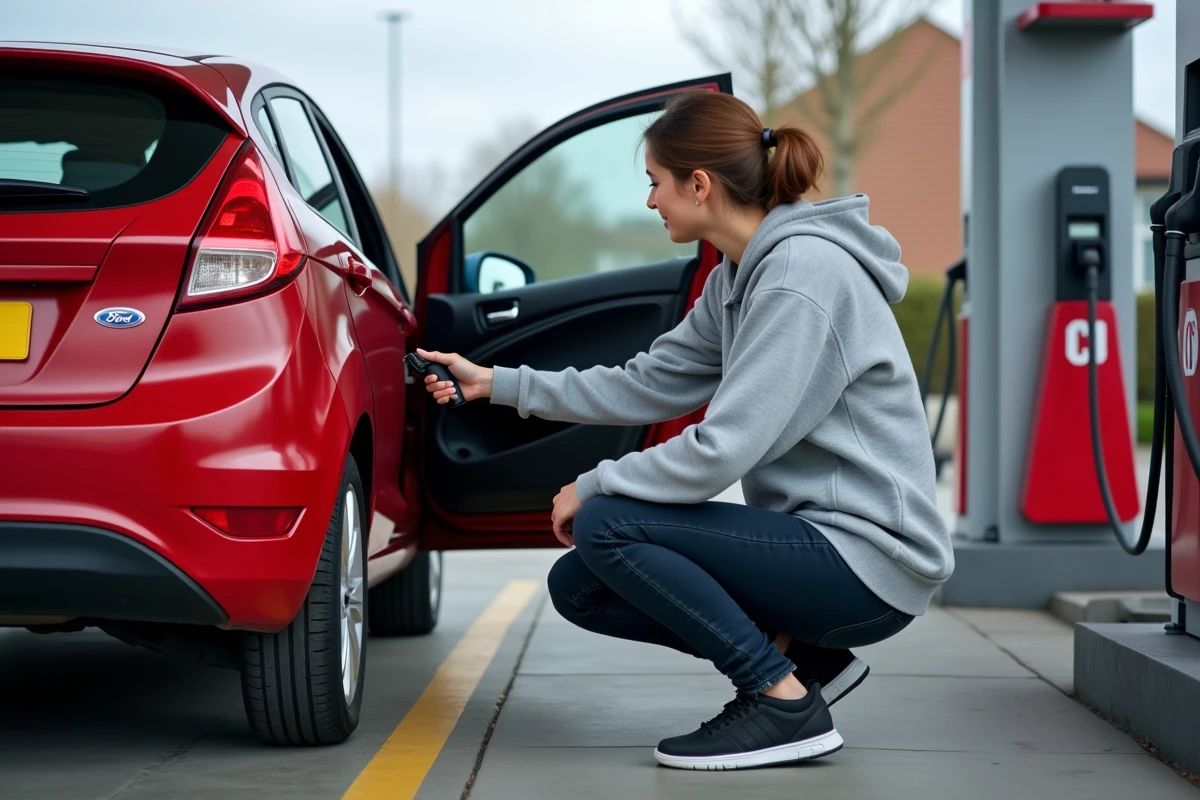 Femme consultant les pressions recommandées sur l'autocollant de portière d'une Ford Fiesta à la station-service
