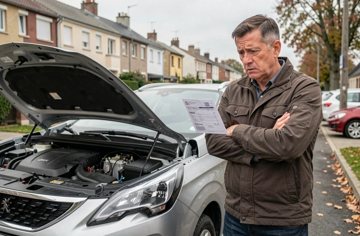 Propriétaire d'une Peugeot 3008 préoccupé tenant une facture de réparation moteur PureTech en bord de route