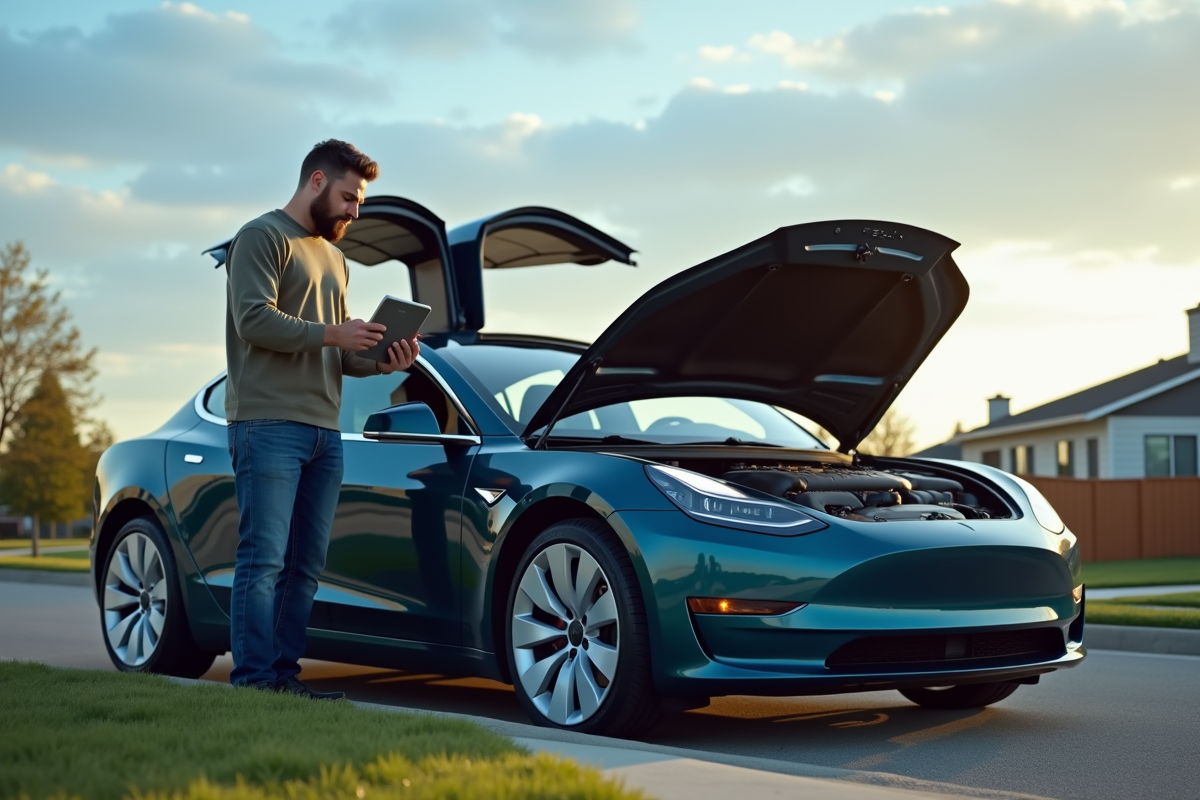 Propriétaire Tesla examine le moteur à côté de la voiture