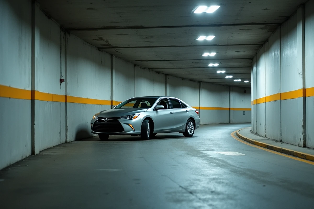 Rampe de parking souterrain avec rayon de braquage insuffisant et traces de contact sur les murs en béton