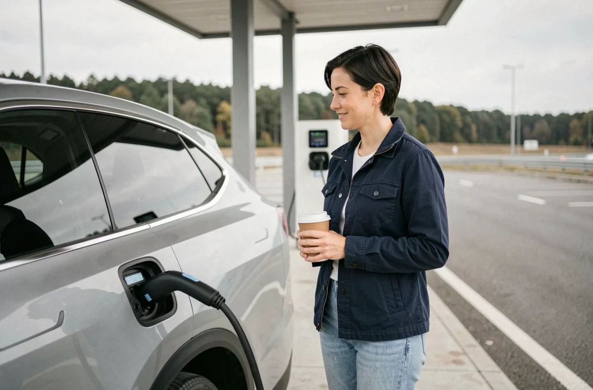 Femme rechargeant son SUV électrique sur une aire d'autoroute