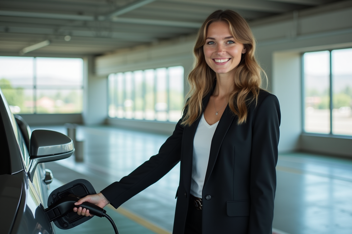 Jeune femme souriante débranchant une voiture électrique en intérieur