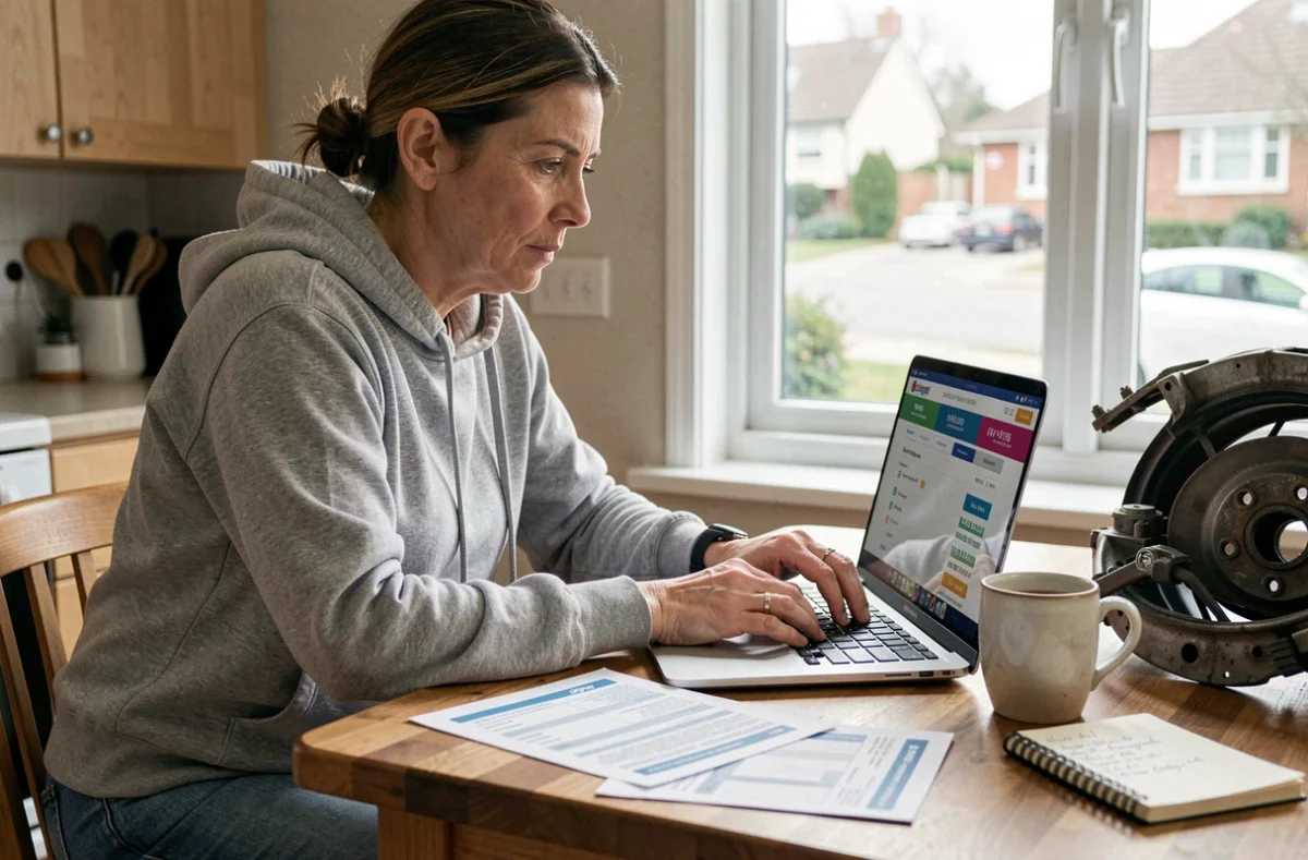 Femme comparant les prix de pièces auto garanties sur un site internet depuis son domicile pour économiser sur son budget