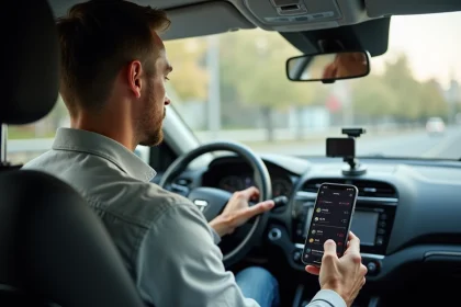 Homme consultant les paramètres de conversion miles en km/h sur une application GPS montée dans une voiture moderne