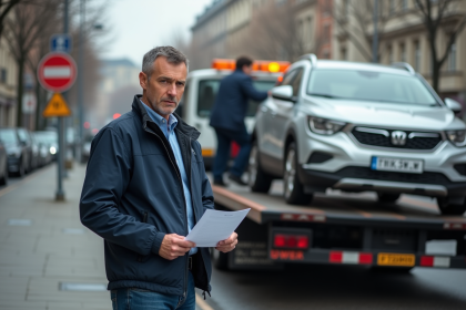 Homme d'âge moyen avec gilet navy près d'une dépanneuse urbaine