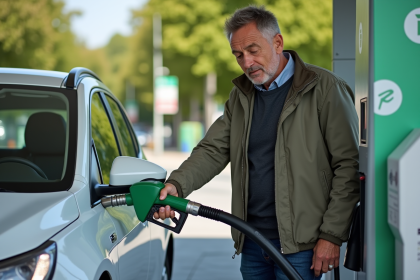 Homme remplissant une voiture hybride à une station biofuel