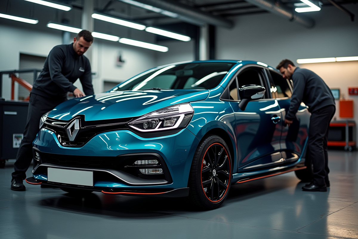 Renault Clio 2 RS dans un garage professionnel en réglages
