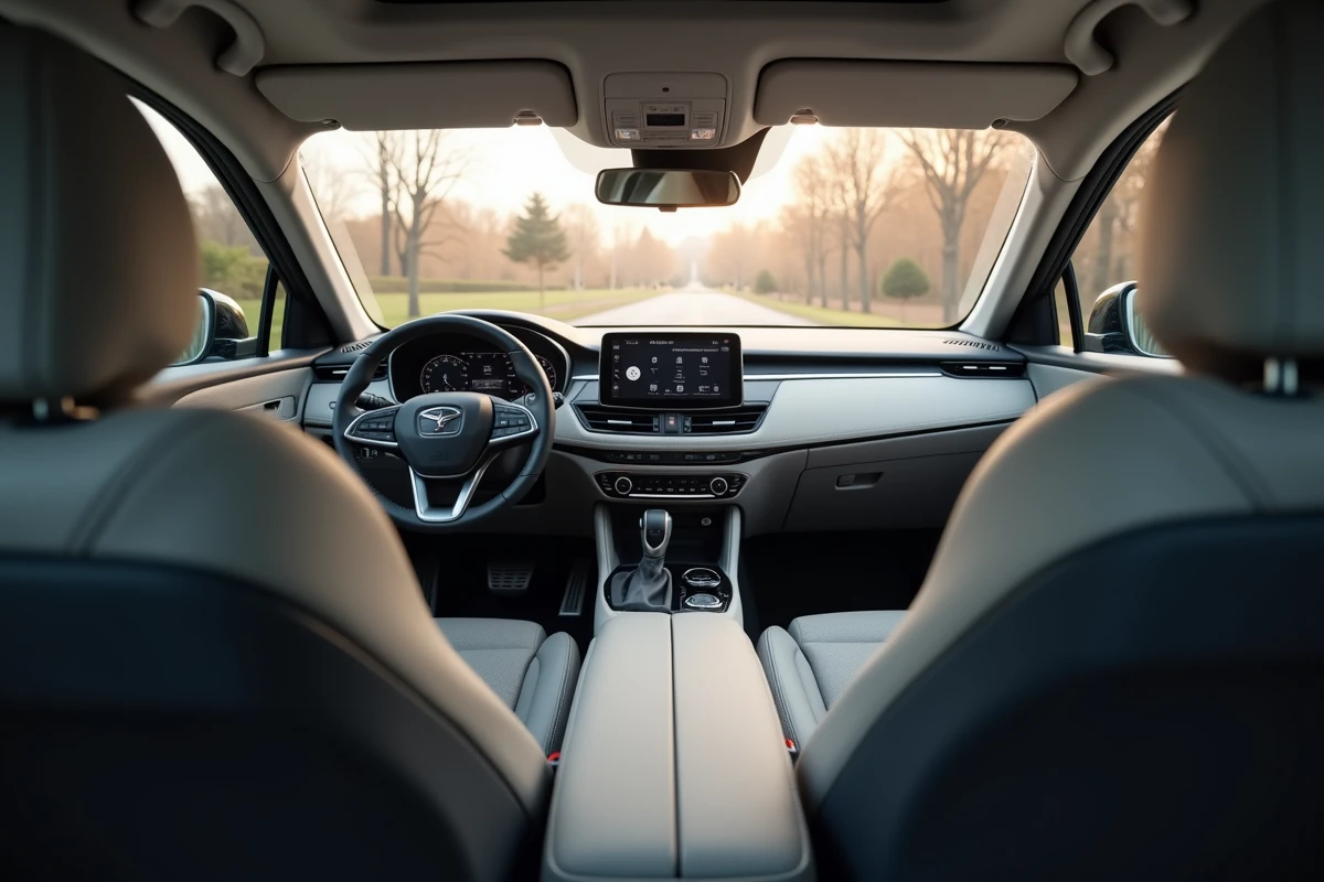 Intérieur du Renault Symbioz 2026 avec tableau de bord moderne, sièges gris et écran tactile central