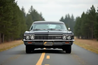 Réplique authentique de la Chevrolet Impala 1967 noire de la série Supernatural garée sur une route forestière