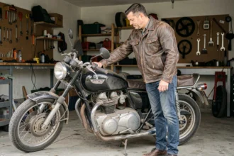 Homme contemplant sa moto après une longue période d'inactivité dans un garage résidentiel