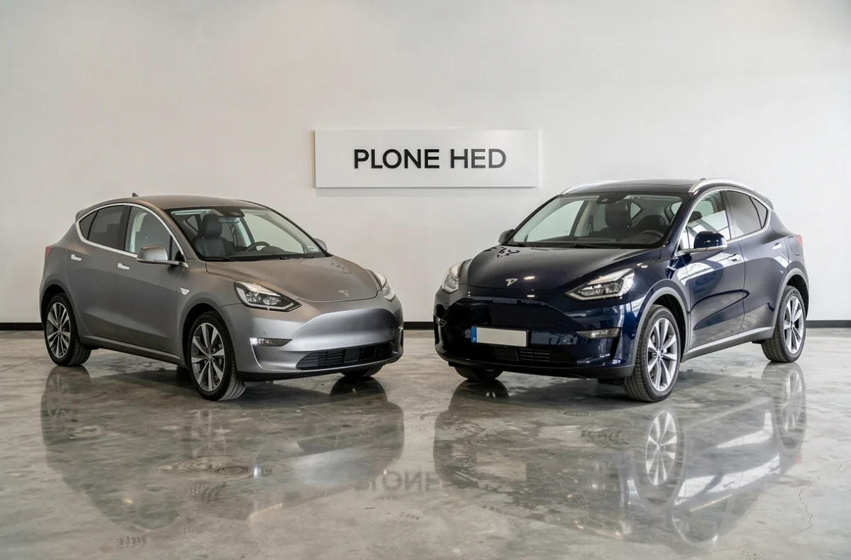 Showroom de voitures électriques avec deux modèles exposés côte à côte