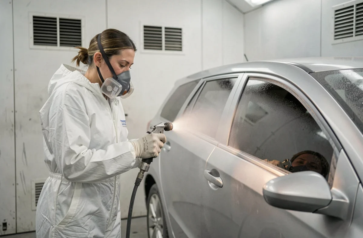 Carrossière de Silvy Automobiles appliquant une peinture métallisée en cabine de peinture professionnelle