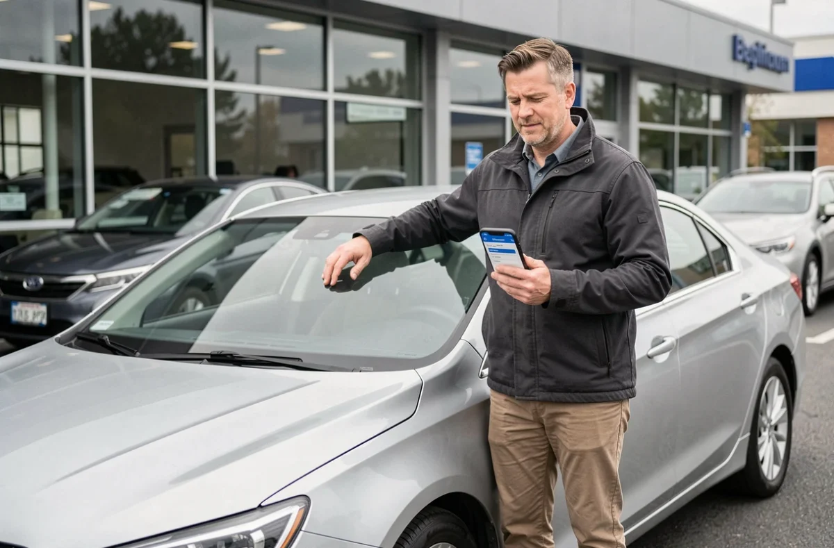 Homme consultant une simulation d'assurance auto MACIF sur smartphone devant une voiture chez un concessionnaire