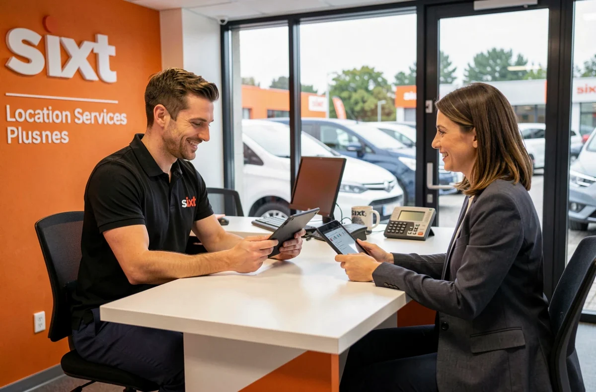 Agent Sixt Vannes en conversation avec une cliente au comptoir du service de location et vente de voitures d'occasion