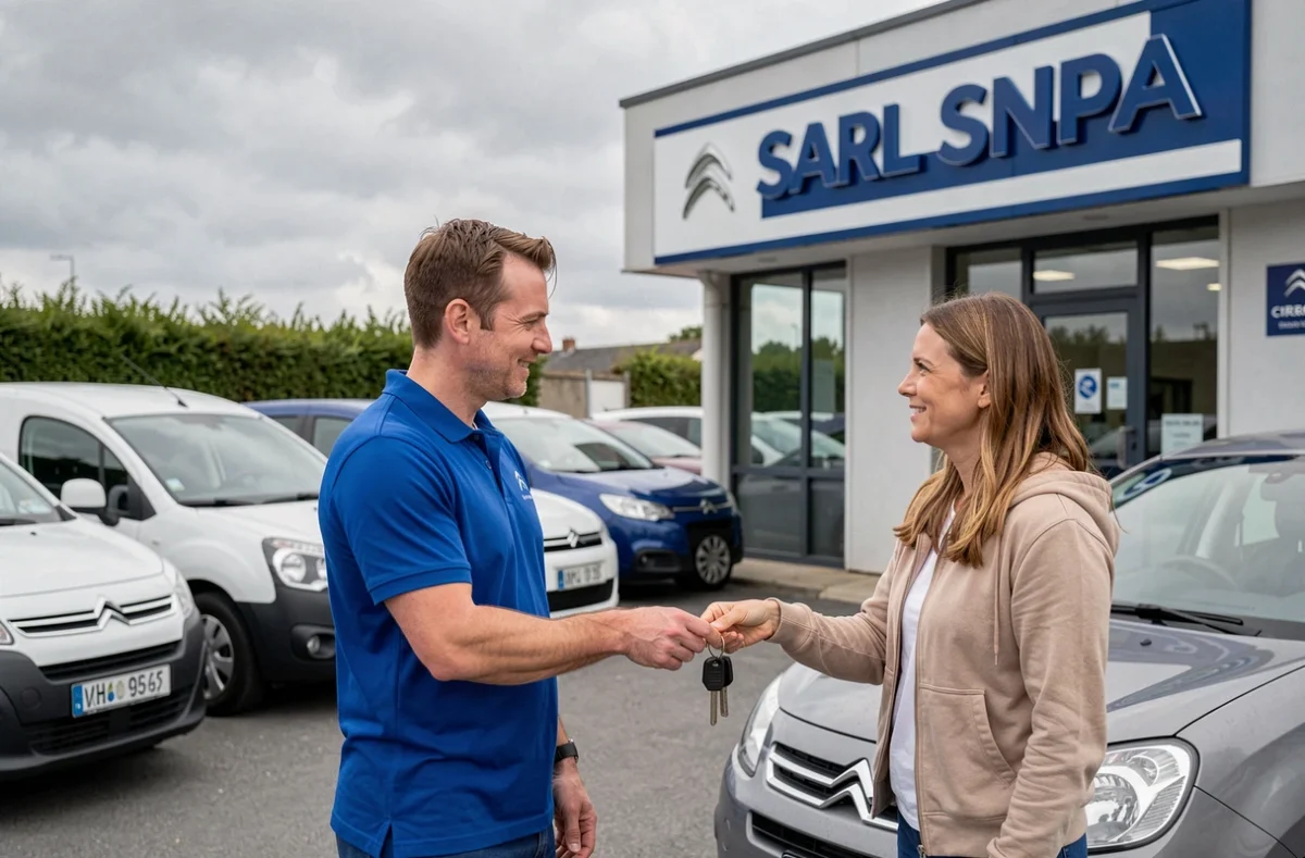 Conseiller SARL SNPA Citroën Morbihan remettant les clés d'une voiture d'occasion à une cliente satisfaite