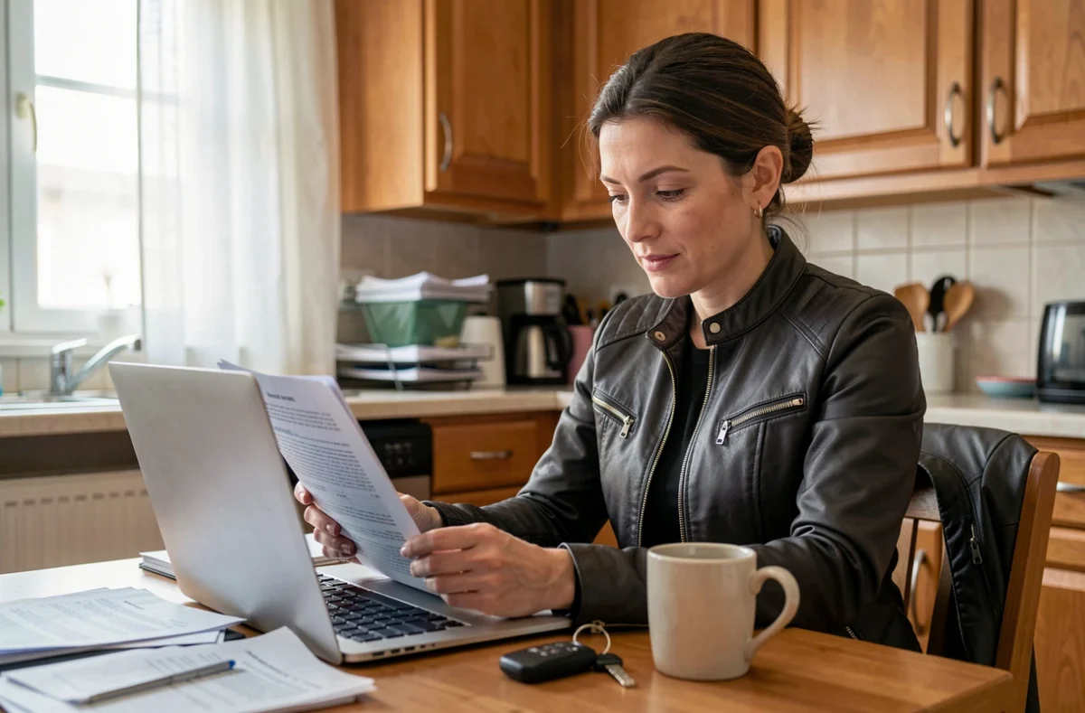 Femme consultant des documents d'assurance moto sur un ordinateur portable à la maison