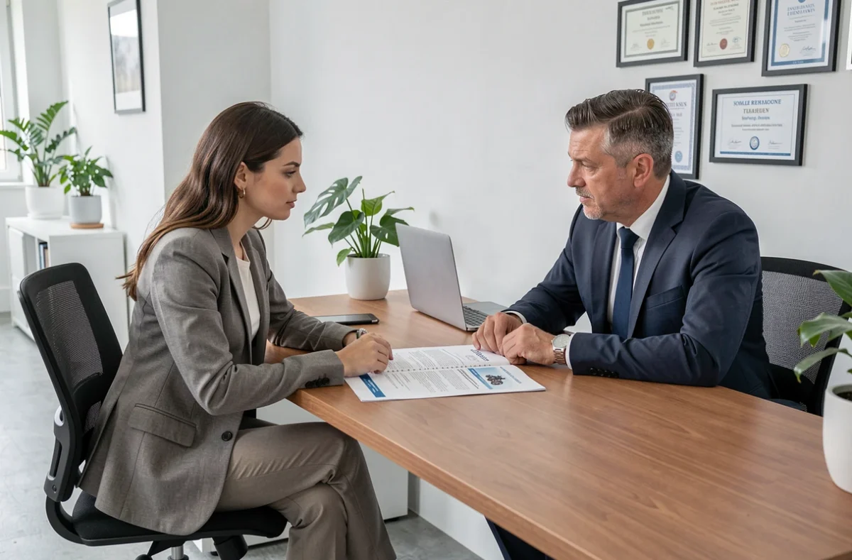 Femme discutant d'un contrat d'assurance moto rétroactive avec un courtier dans un bureau d'assurance moderne