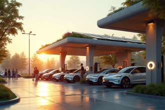 Station de recharge urbaine futuriste au lever du soleil avec véhicules électriques