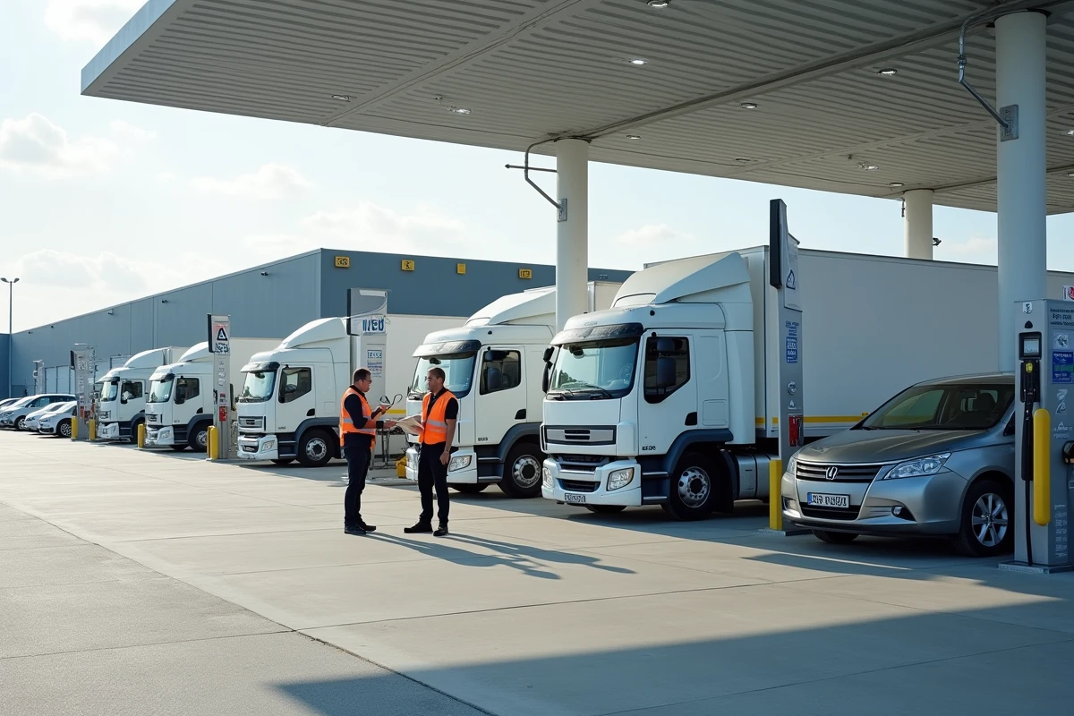Station d'éthanol E85 professionnelle avec flotte de véhicules d'entreprise et chauffeurs en zone logistique