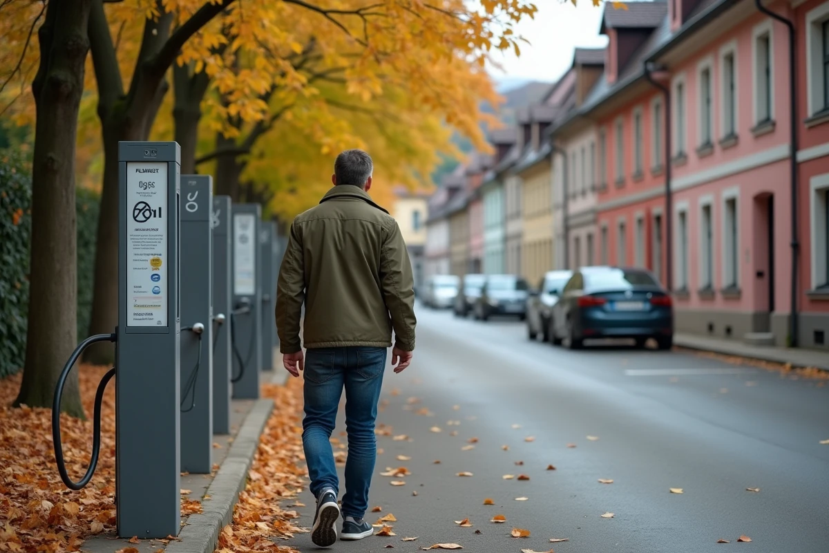 Homme consultant un panneau tarifaire près de bornes de recharge électrique dans un parking à ciel ouvert de Colmar