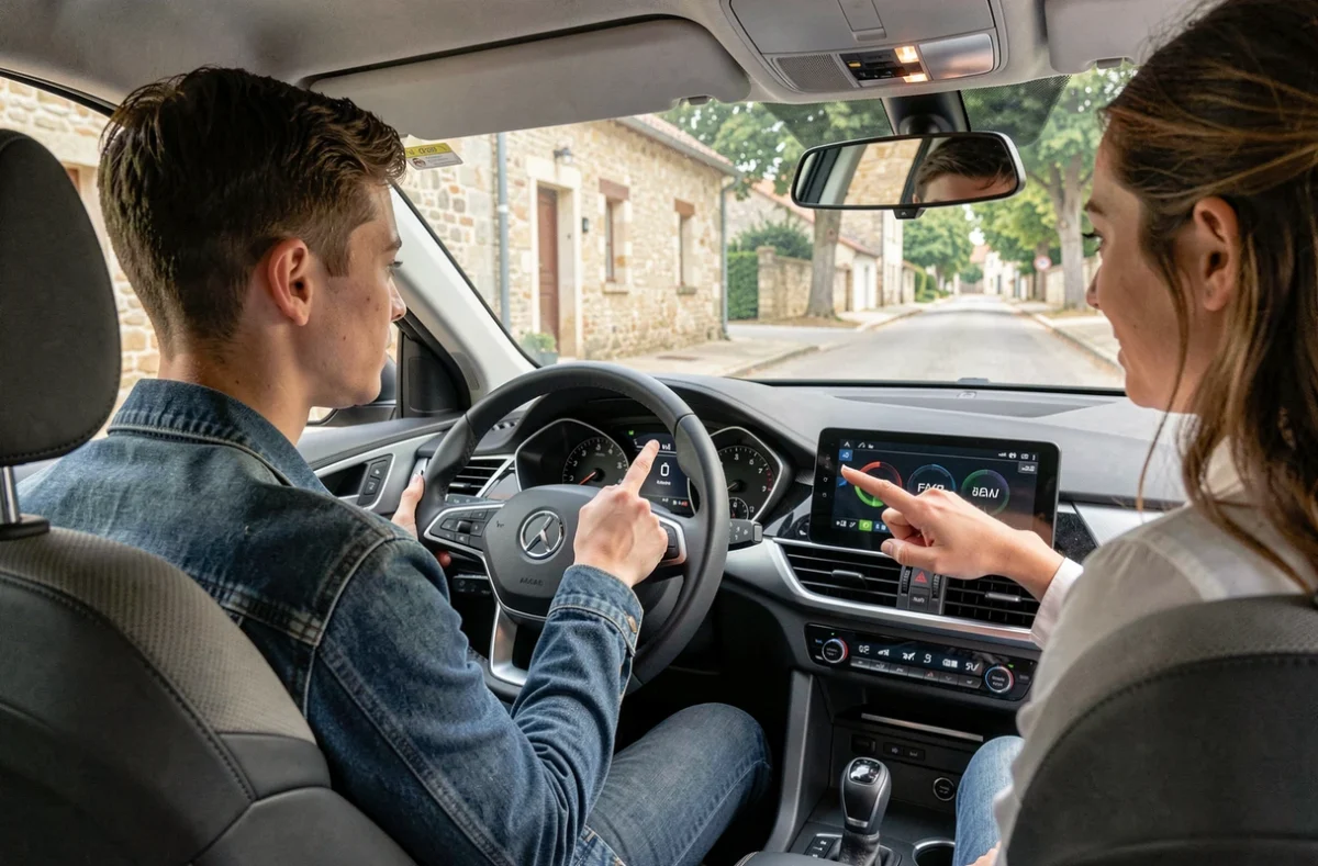 Élève conducteur au volant avec son monitrice lors d'une leçon de conduite à l'auto-école Street Passion à Mouchard