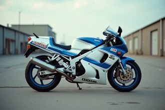 Suzuki GSXR 1100 millésime 1992 en livrée blanc et bleu, vue de profil sur asphalte industriel