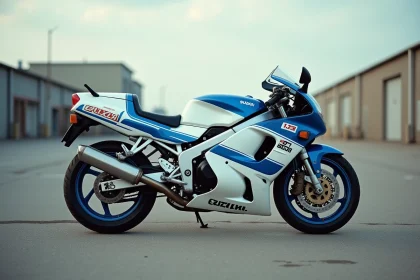 Suzuki GSXR 1100 millésime 1992 en livrée blanc et bleu, vue de profil sur asphalte industriel
