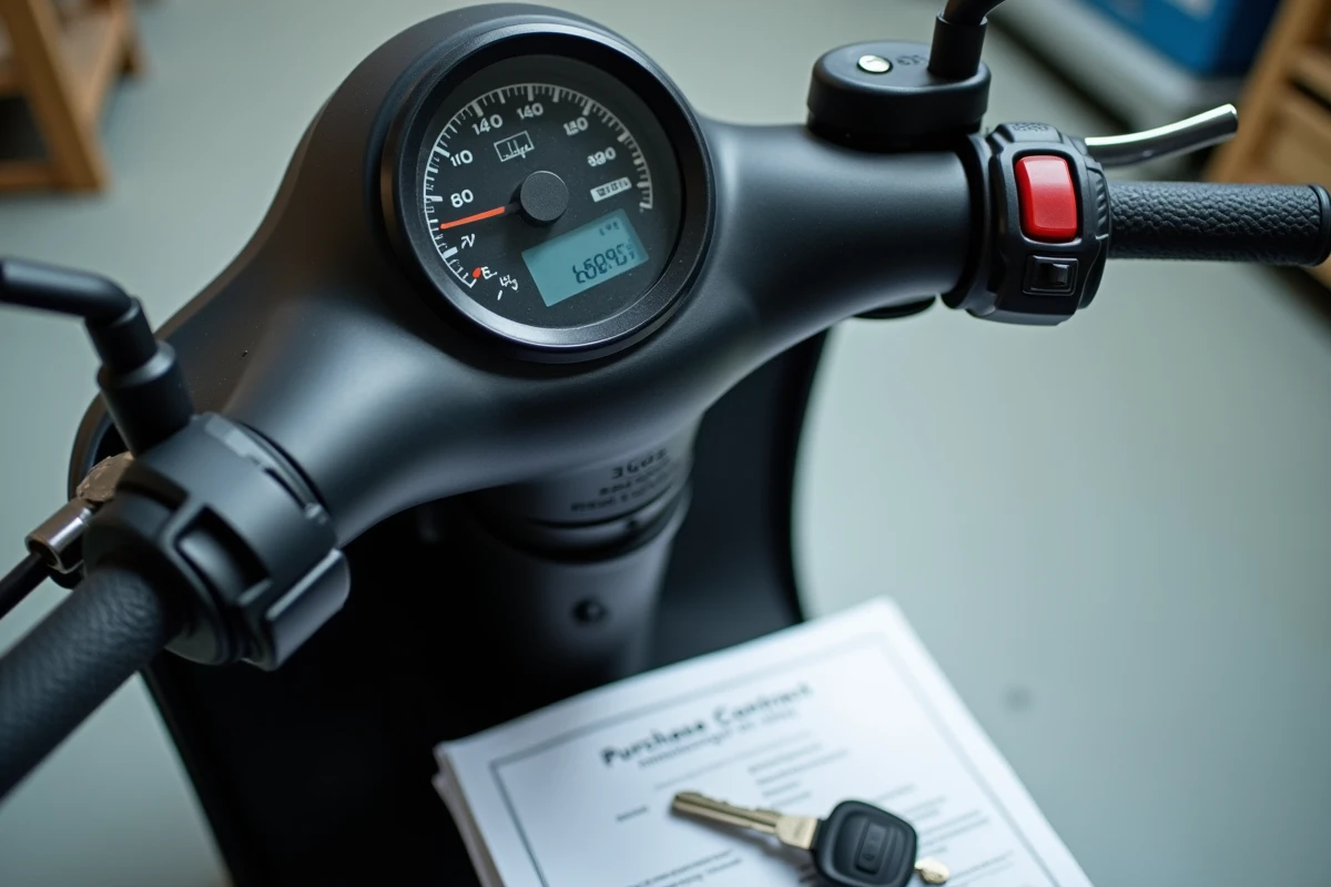 Tableau de bord d'un scooter 50cc neuf avec clés et contrat d'achat posé sur la selle