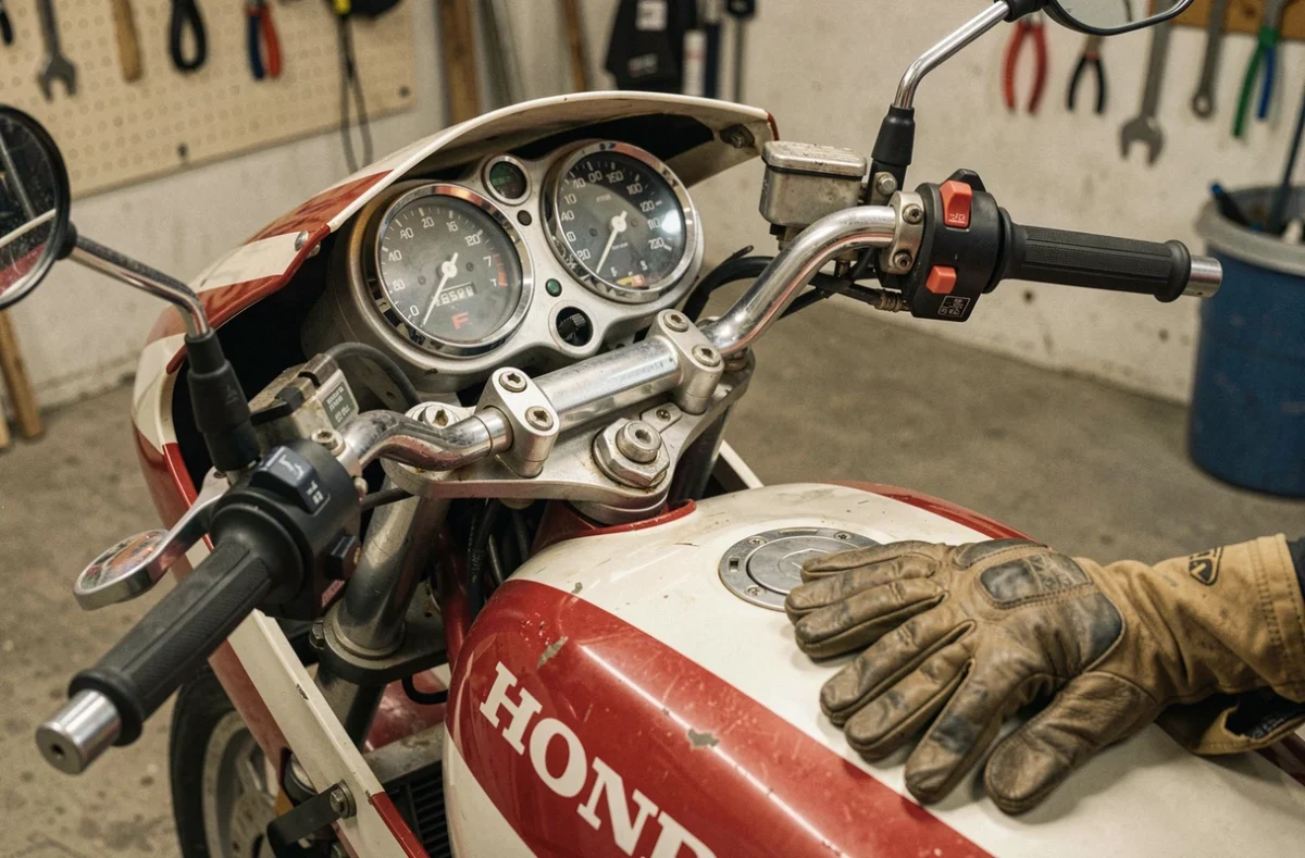 Gros plan sur le tableau de bord et le cockpit d'une Honda CBR 1000 F avec compteurs analogiques, guidon large et réservoir rouge et blanc